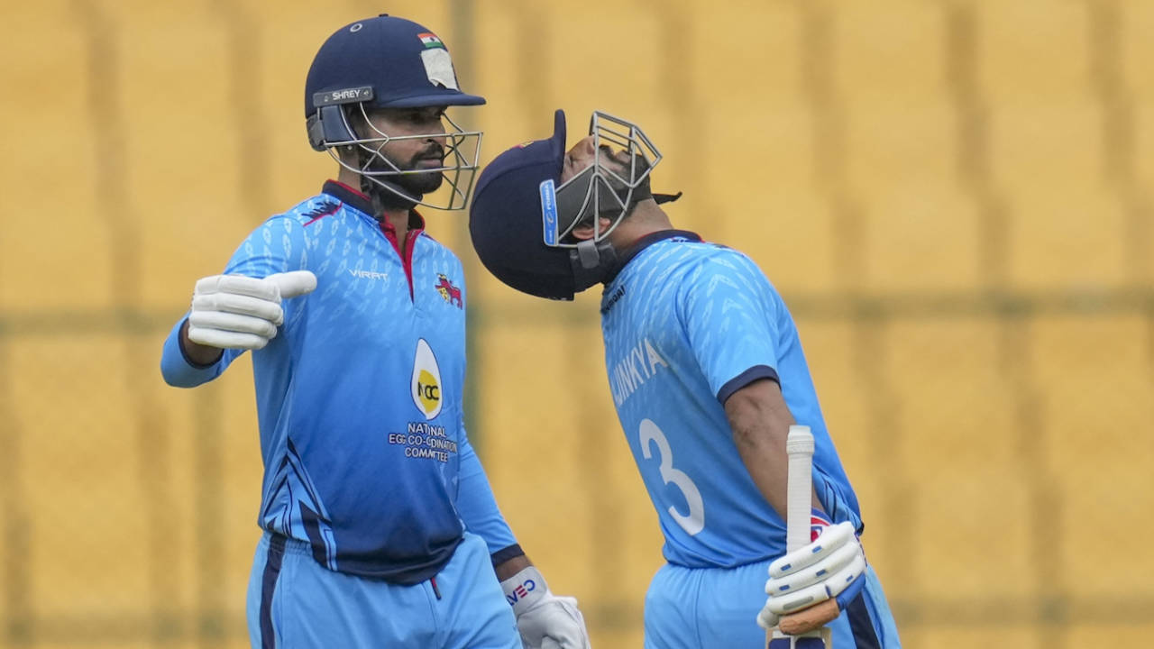 Ajinkya Rahane reached his 28-ball fifty while batting with Shreyas Iyer, Baroda vs Mumbai, Syed Mushtaq Ali Trophy, 1st semi-final, Bengaluru, December 13, 2024