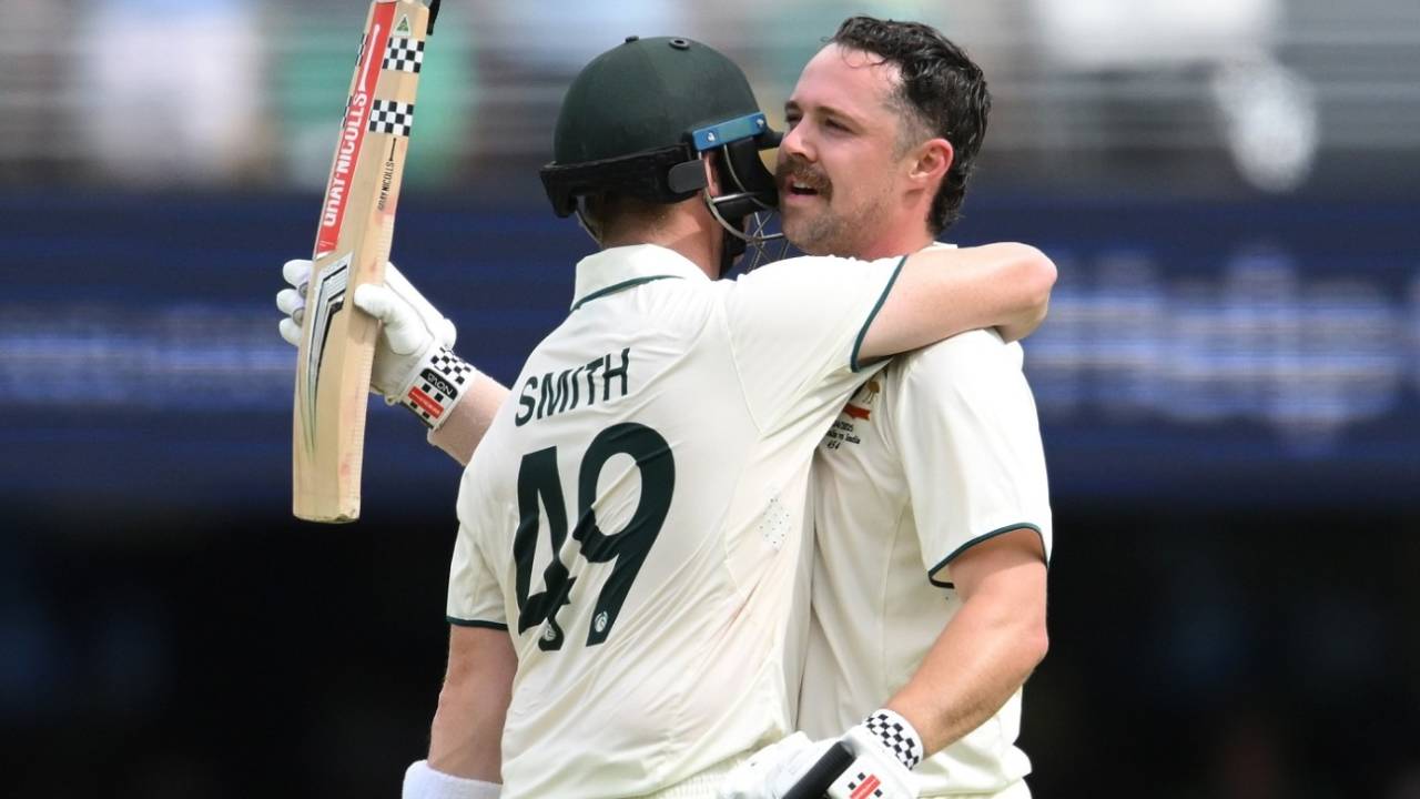 Travis Head celebrates his century with Steven Smith, Australia vs India, 3rd Test, Brisbane, 2nd day, December 15, 2024