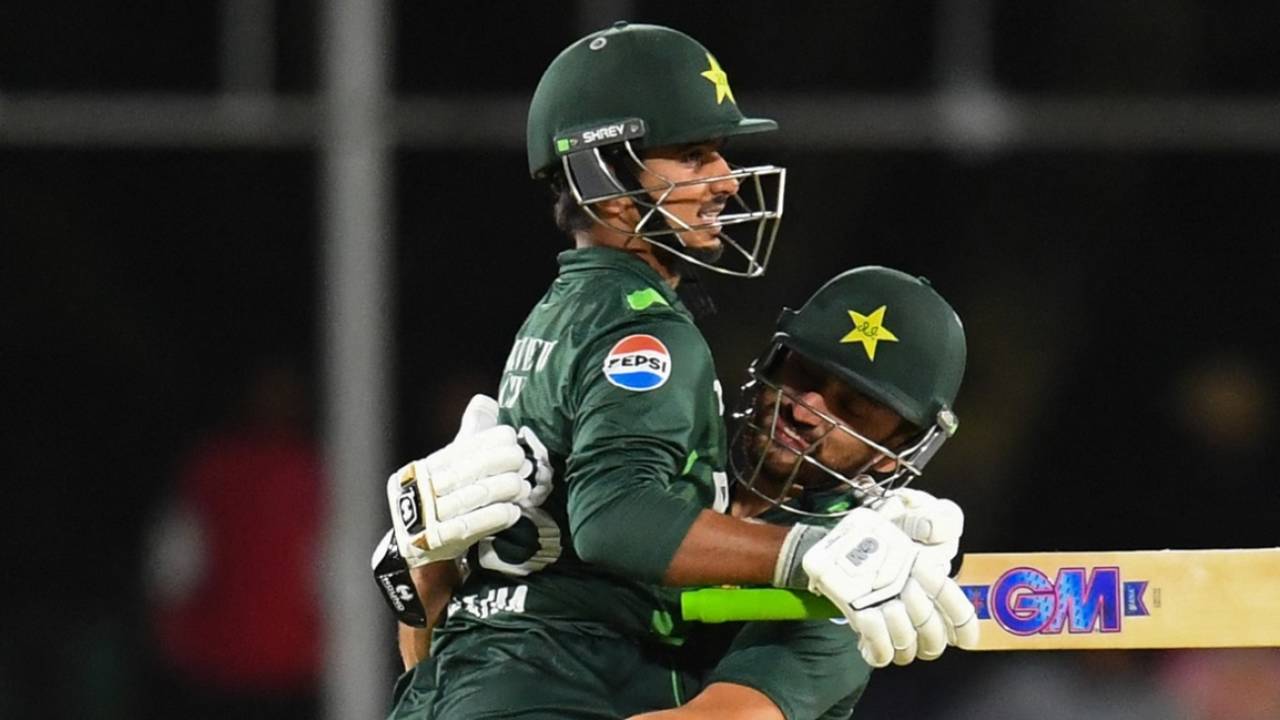 Saim Ayub and Salman Agha embrace after Ayub reached his hundred, South Africa vs Pakistan, 1st ODI, Paarl, December 17, 2024