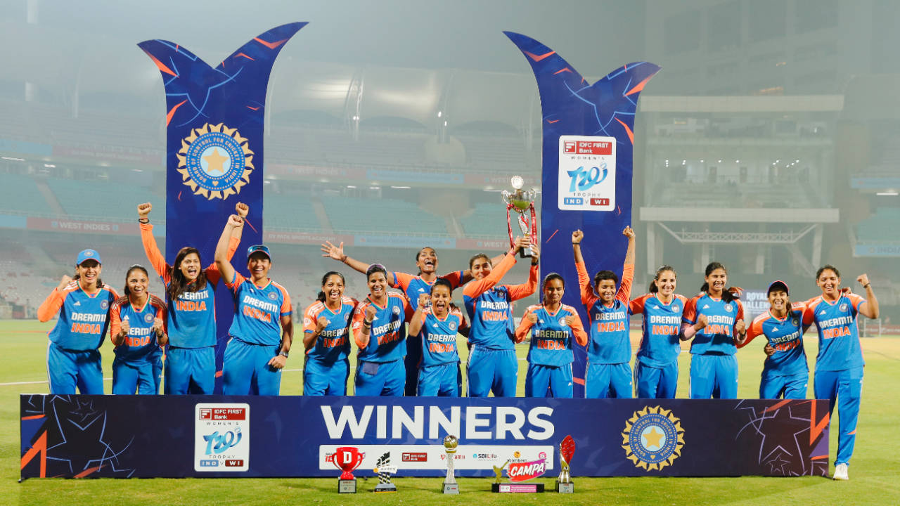 T20I series winners India with their spoils, India vs West Indies, 3rd Women's T20I, Navi Mumbai, December 19, 2024