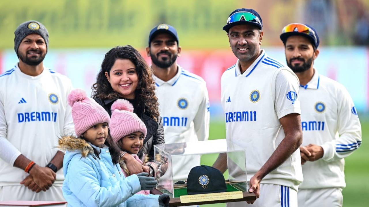 R Ashwin with his wife and children at his 100th Test match, India vs England, 5th Test, Dharamsala, 1st day, March 7, 2024

