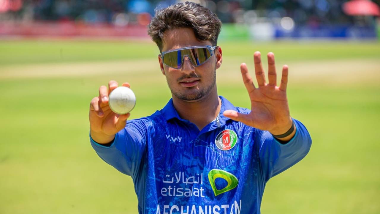 AM Ghazanfar holds up the match ball after his five-for, Zimbabwe vs Afghanistan, 3rd ODI, Harare, December 21, 2024