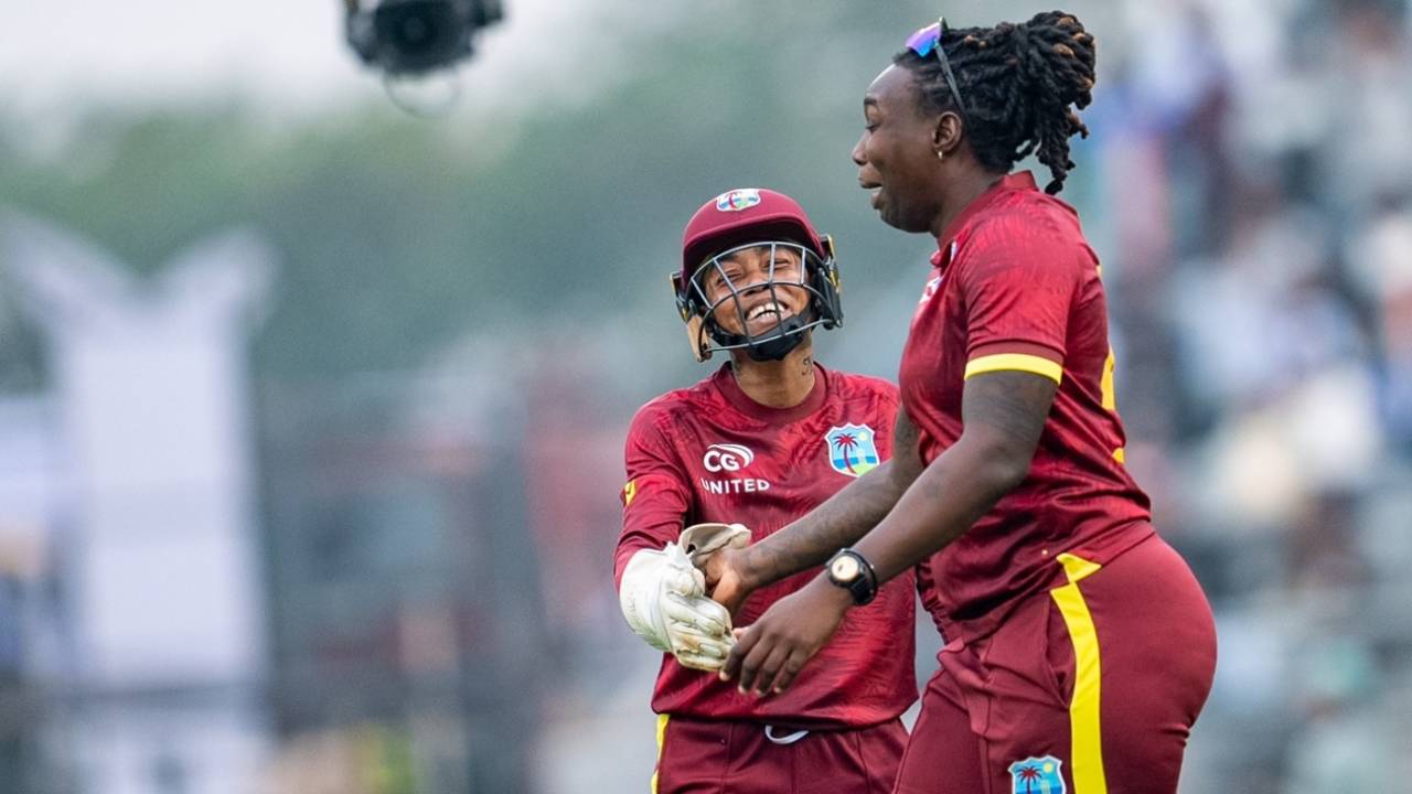 Shamilia Connell and Shemaine Campbell celebrate Richa Ghosh's dismissal, India vs West Indies, 1st Women's ODI, Vadodara, December 22, 2024