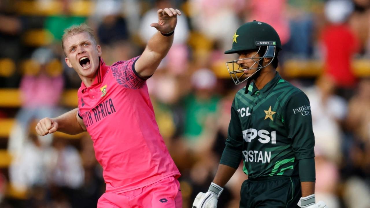 Corbin Bosch exults after taking his maiden ODI wicket, South Africa vs Pakistan, 3rd ODI, Johannesburg, December 22, 2024
