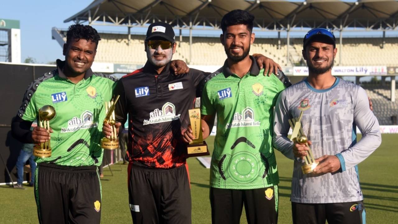 From L to R: Alauddin Babu, Mohammad Naim, Mukidul Islam and Abu Hider with their respective trophies, NCL T20s 2024-25, Sylhet, December 24, 2024