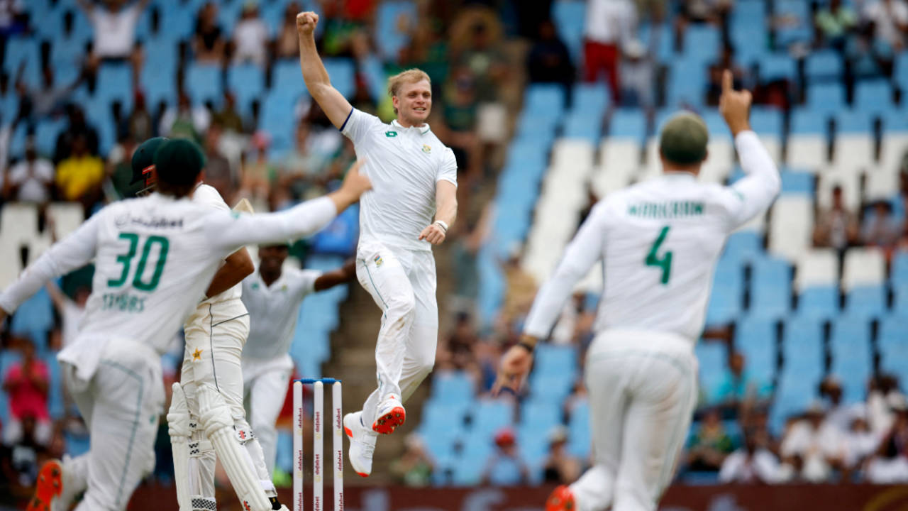 Corbin Bosch exults after bagging Shan Masood with his first ball in Tests, South Africa vs Pakistan, 1st Test, Centurion, 1st day, December 26, 2024
