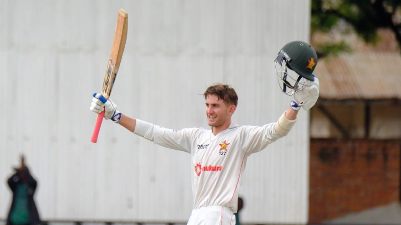 Brian Bennett celebrates his century, Zimbabwe vs Afghanistan, 1st Test, Bulawayo, December 27, 2024
