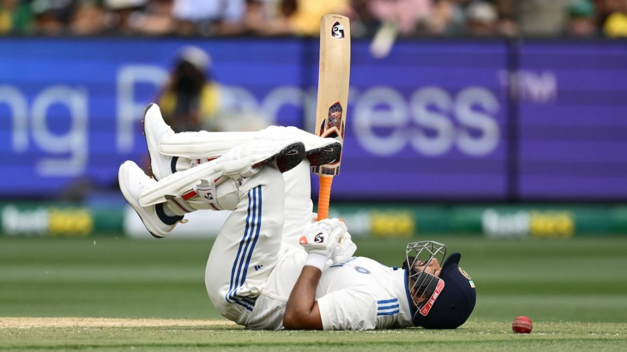 Rishabh Pant found himself on the ground after missing a swing, Australia vs India, 4th Test, Melbourne, 3rd day, December 28, 2024