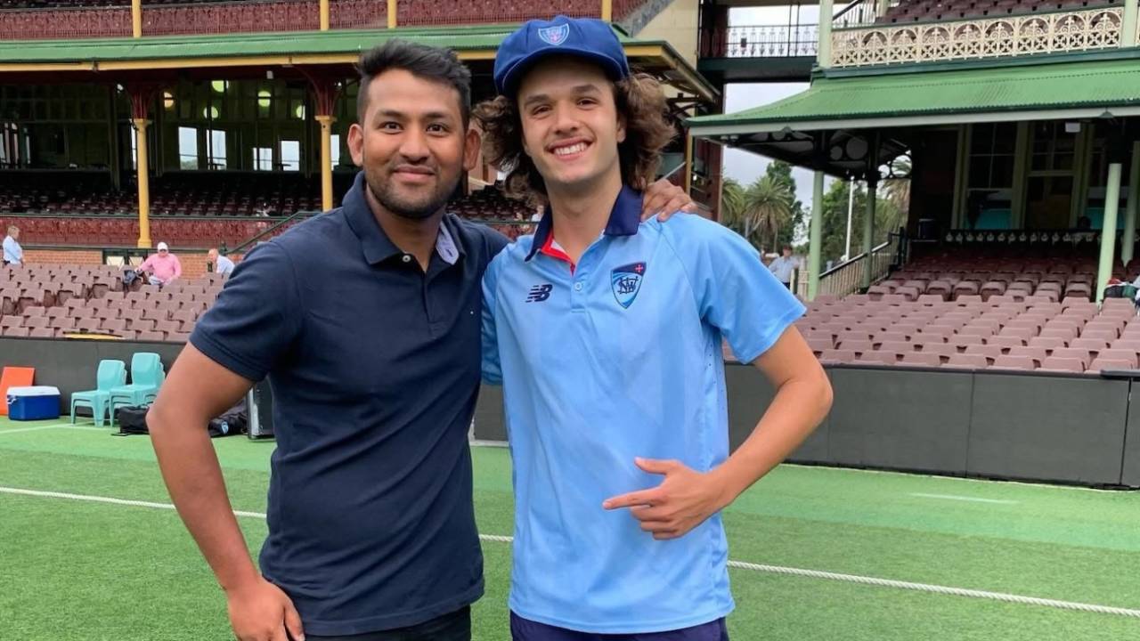 Sam Konstas with his coach Tahmid Islam on his first-class debut, New South Wales vs Tasmania, Sheffield Shield 2023-24, Sydney, 1st day, November 28, 2023
