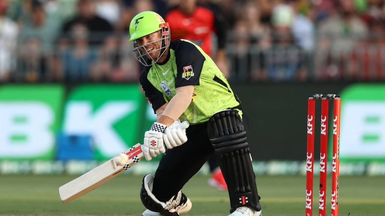 David Warner gets down for a reverse scoop, Sydney Thunder vs Melbourne Renegades, BBL, Sydney, December 30, 2024