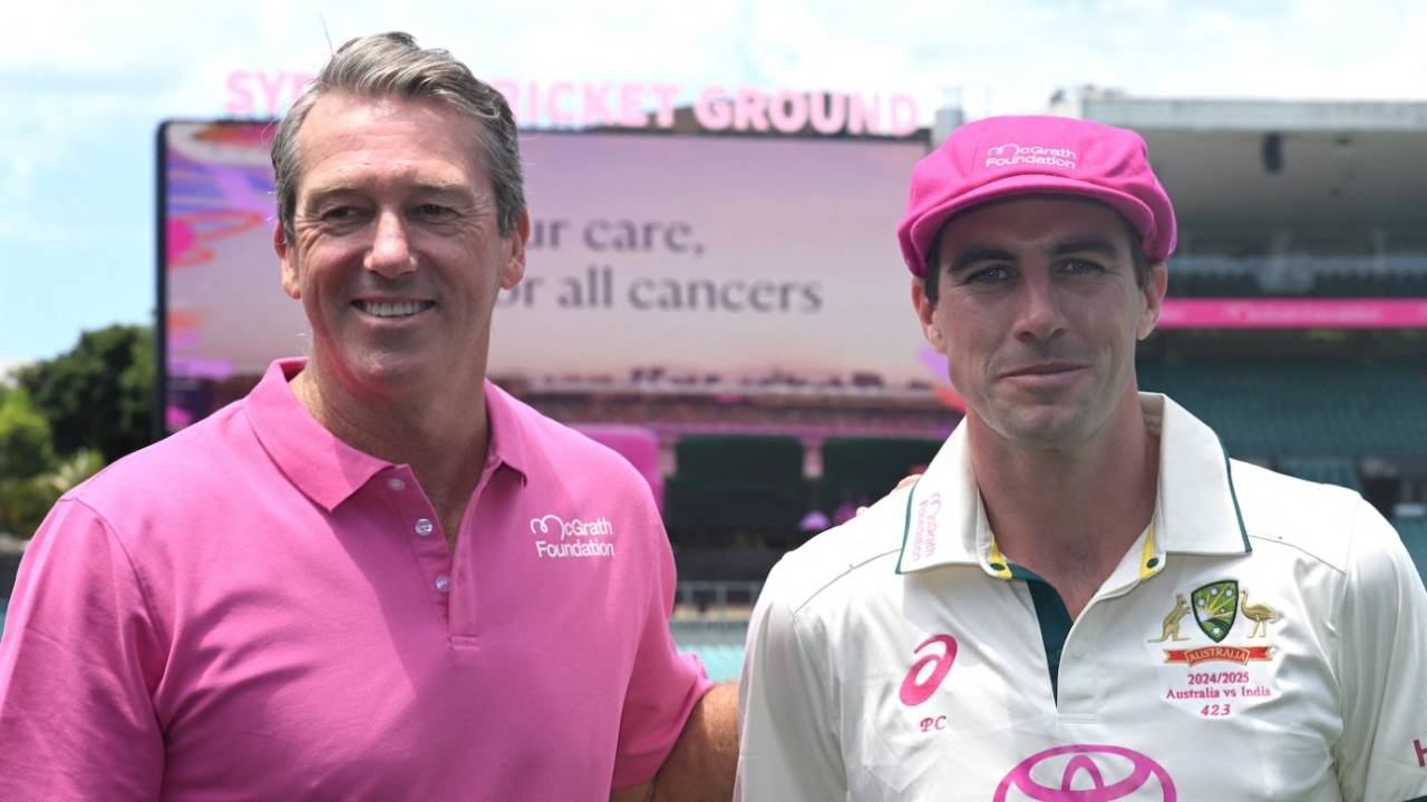 Glenn McGrath and Pat Cummins wear their fundraiser colours, Australia vs India, 5th Test, Sydney, January 1, 2025