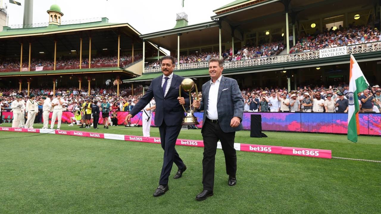 Ravi Shastri and Mark Taylor carry the Border-Gavaskar Trophy, Australia vs India, 5th Test, Sydney, 1st day, January 3, 2025