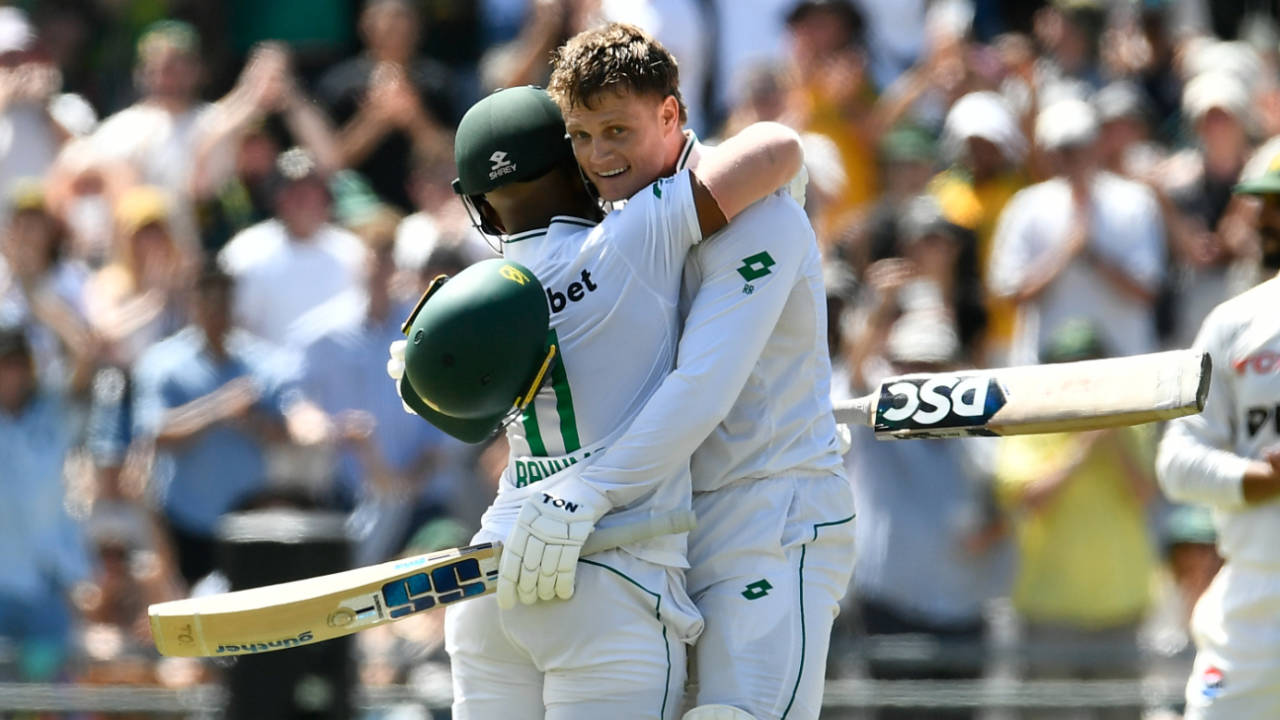 Ryan Rickelton gets a hug from Temba Bavuma after reaching his century, South Africa vs Pakistan, second Test, Cape Town, January 3, 2025