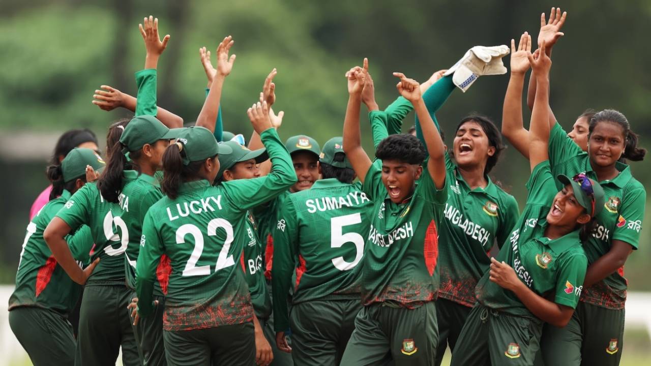 Bangladesh players celebrate during their warm-up game against England, Women's Under-19 T20 World Cup, Selangor Turf Club, Kuala Lumpur, January 15, 2025