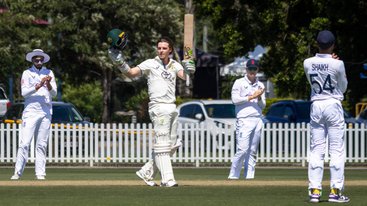 Tim Ward acknowledges reaching his hundred, Cricket Australia XI vs England Lions, 3rd day, Brisbane, January 17, 2025