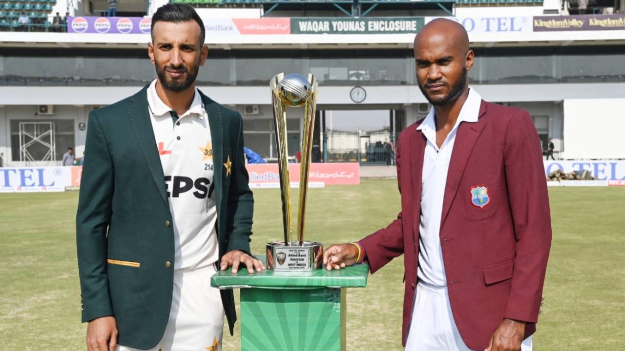 Shan Masood and Kraigg Brathwaite pose with the trophy, Multan, January 16, 2025
