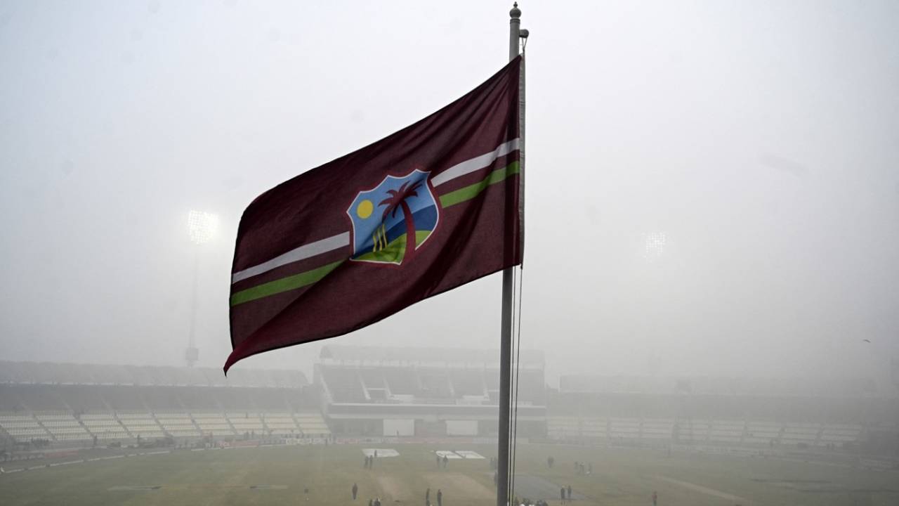 A West Indies flag flies high in the fog, Pakistan vs West Indies, 1st Test, day one, Multan, January 17, 2025