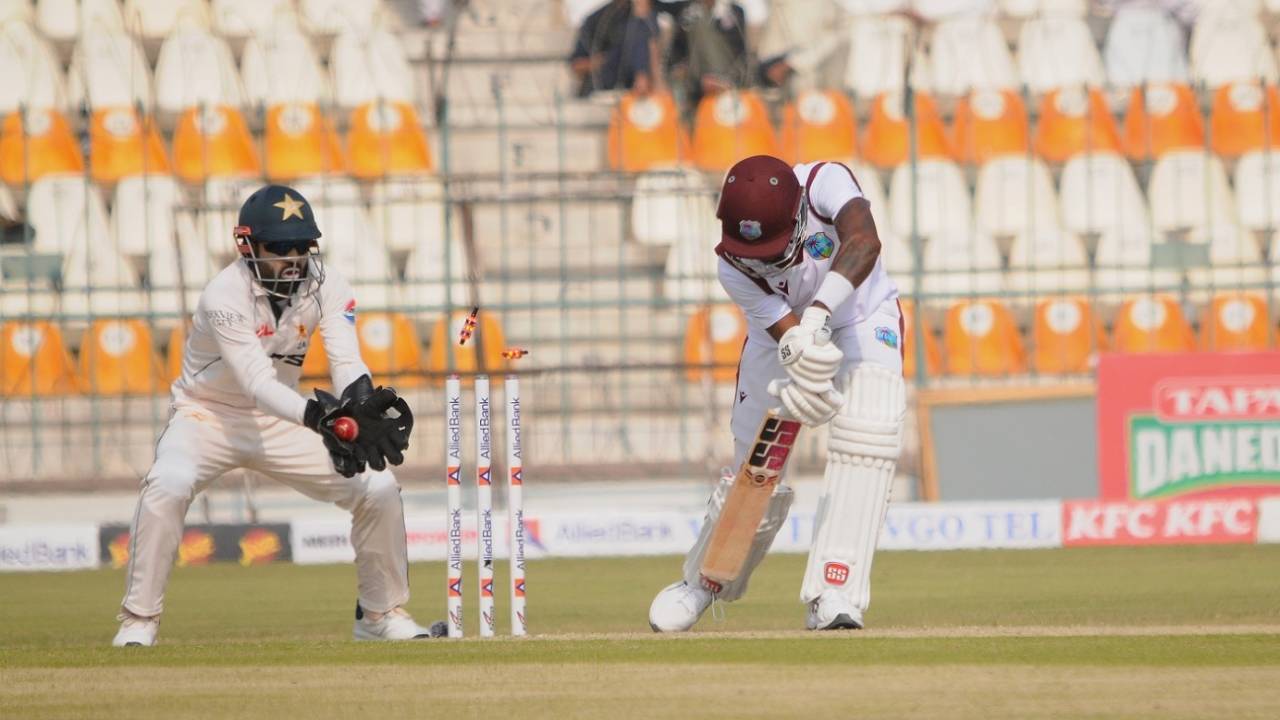 Justin Greaves is bowled, Pakistan vs West Indies, 1st Test, day two, Multan, January 18, 2025