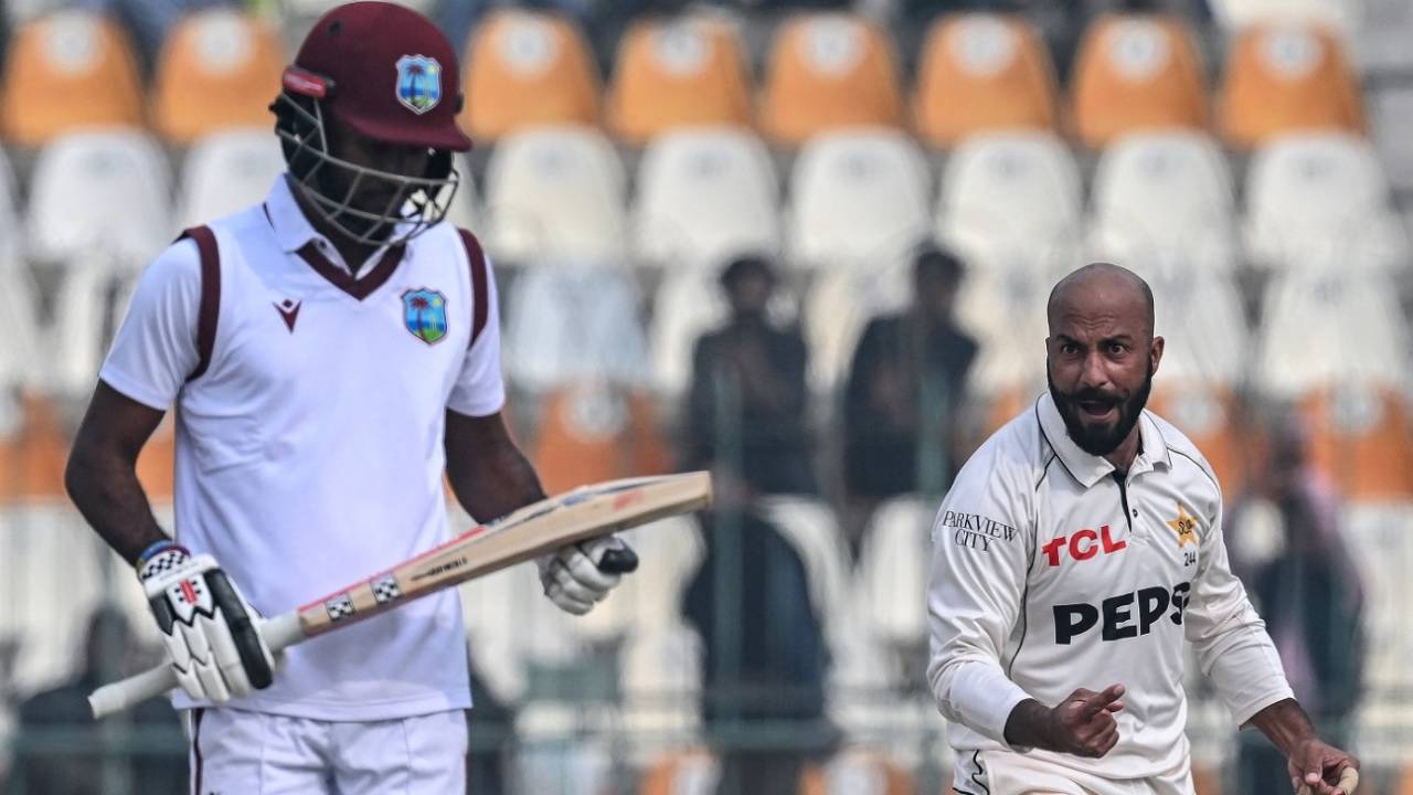 Sajid Khan is animated after dismissing Kraigg Brathwaite, West Indies vs Pakistan, 1st Test, day three, Multan, January 19, 2025