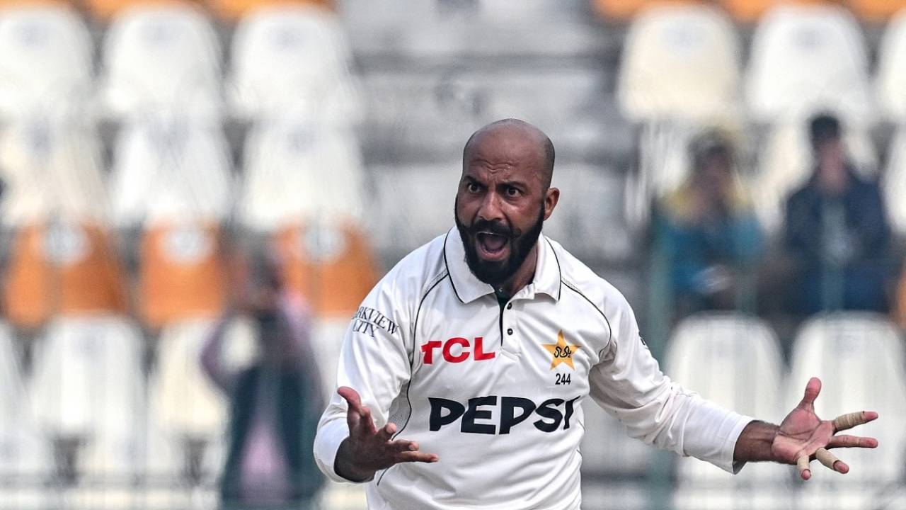 Sajid Khan celebrates Kraigg Brathwaite's wicket, West Indies vs Pakistan, 1st Test, day three, Multan, January 19, 2025
