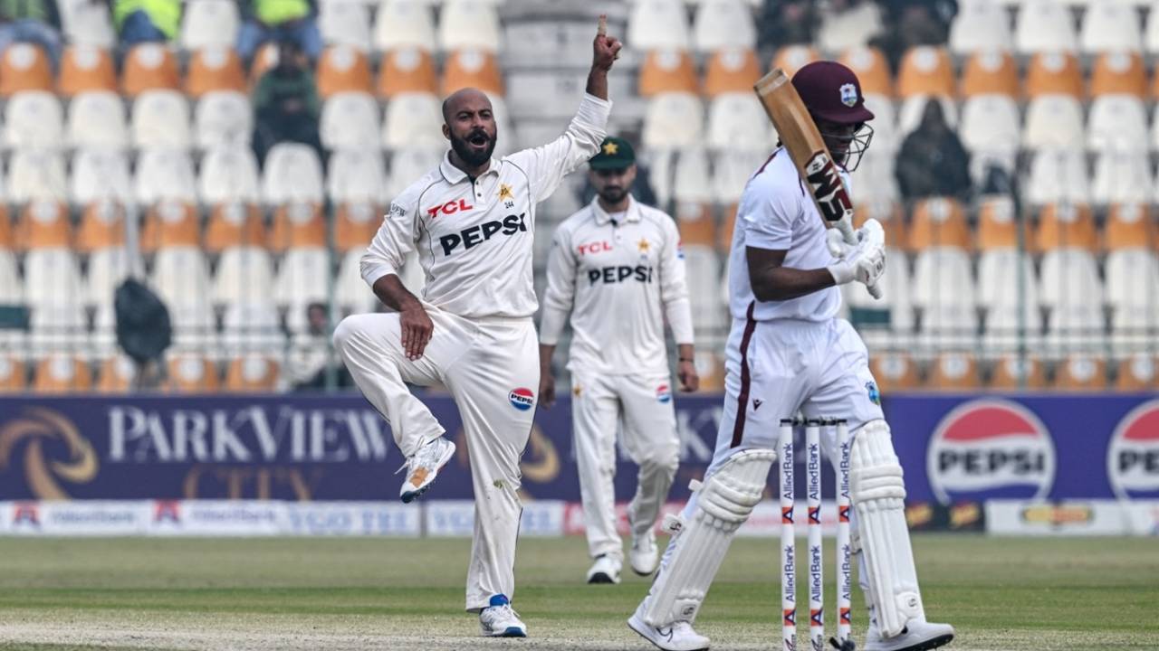 Sajid Khan celebrates after taking the wicket of Keacy Carty, West Indies vs Pakistan, 1st Test, day three, Multan, January 19, 2025