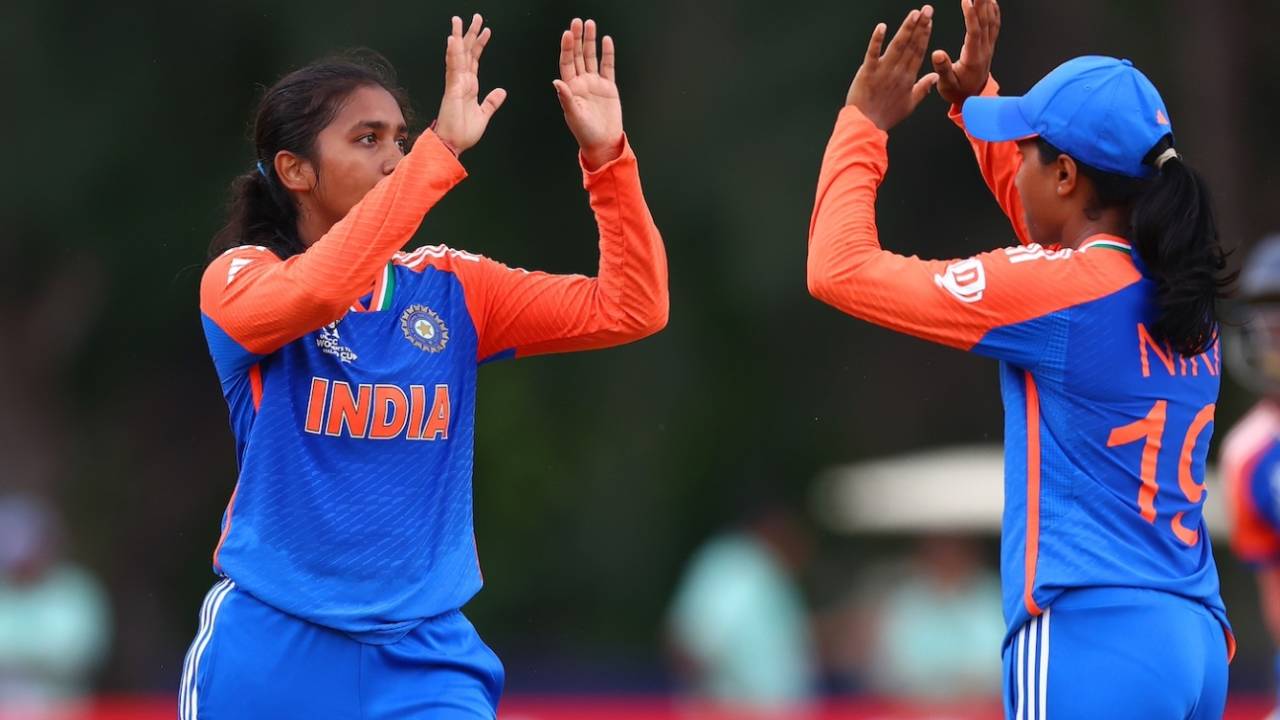 Parunika Sisodia celebrates a wicket with her captain, Niki Prasad, India vs West Indies, Women's Under-19 T20 World Cup 2025, Kuala Lumpur, January 19, 2025