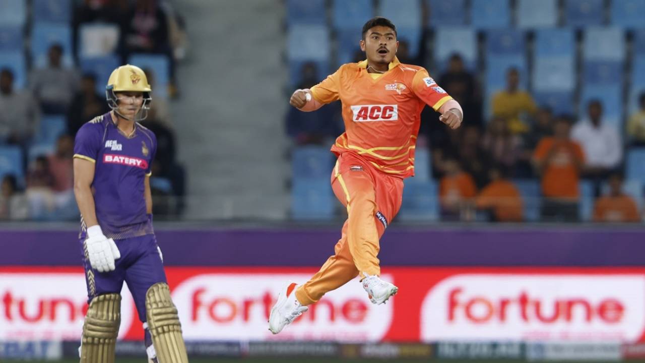 Aayan Afzal Khan leaps in joy, Abu Dhabi Knight Riders vs Gulf Giants, ILT20, Dubai, January 19, 2025