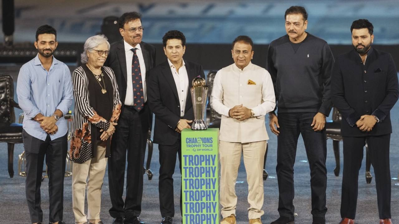 Ajinkya Rahane, Diana Edulji, Dilip Vengsarkar, Sachin Tendulkar, Sunil Gavaskar, Ravi Shastri and Rohit Sharma at the 50th anniversary celebrations of the Wankhede Stadium, Mumbai, January 19, 2025