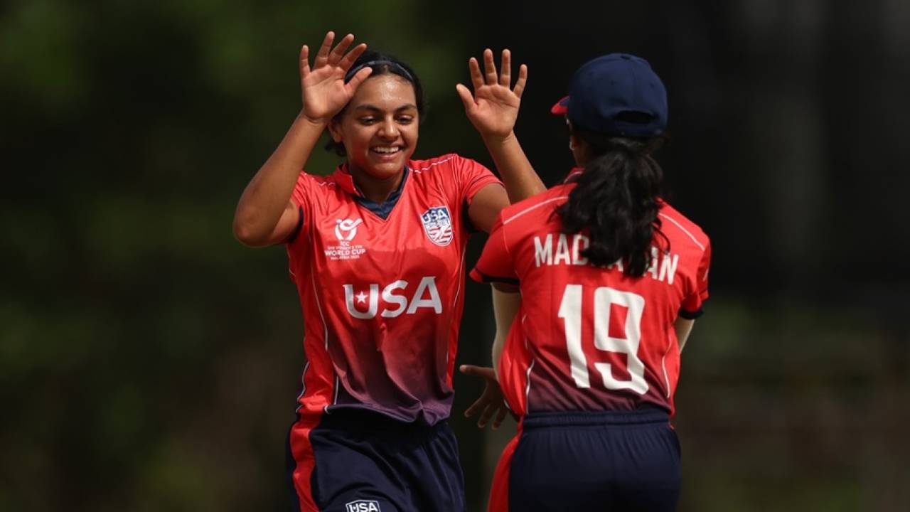 Isani Vaghela celebrates with Maahi Madhavan, USA vs Ireland, Women's Under-19 World Cup, Malaysia, January 20, 2025