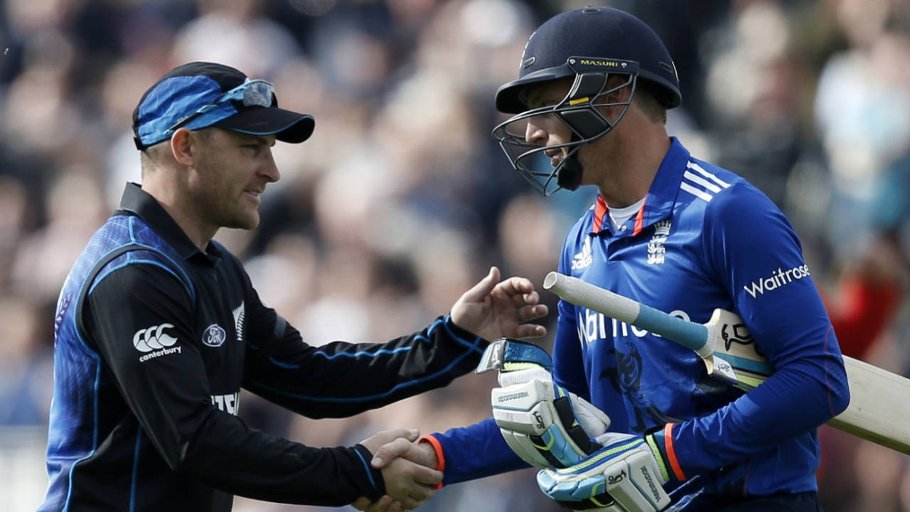 Jos Buttler shakes hands with Brendon McCullum after his century at Edgbaston, England vs New Zealand, 1st ODI, Edgbaston, June 9, 2015,