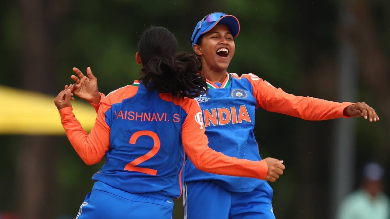 Vaishnavi Sharma celebrates a wicket with her captain Niki Prasad, Malaysia vs India, Women's Under-19 T20 World Cup 2025, Kuala Lumpur, January 21, 2025