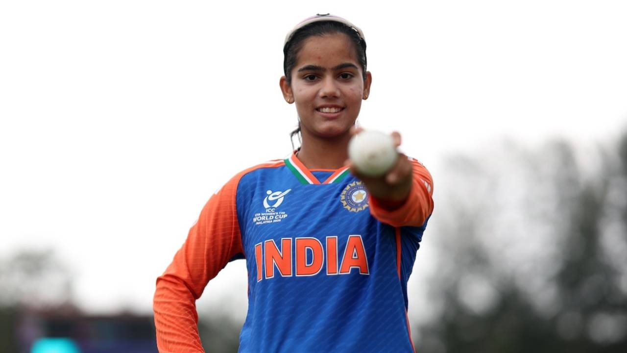 Vaishnavi Sharma shows off the match ball after her five-for led India to victory, Malaysia vs India, Women's Under-19 T20 World Cup 2025, Kuala Lumpur, January 21, 2025