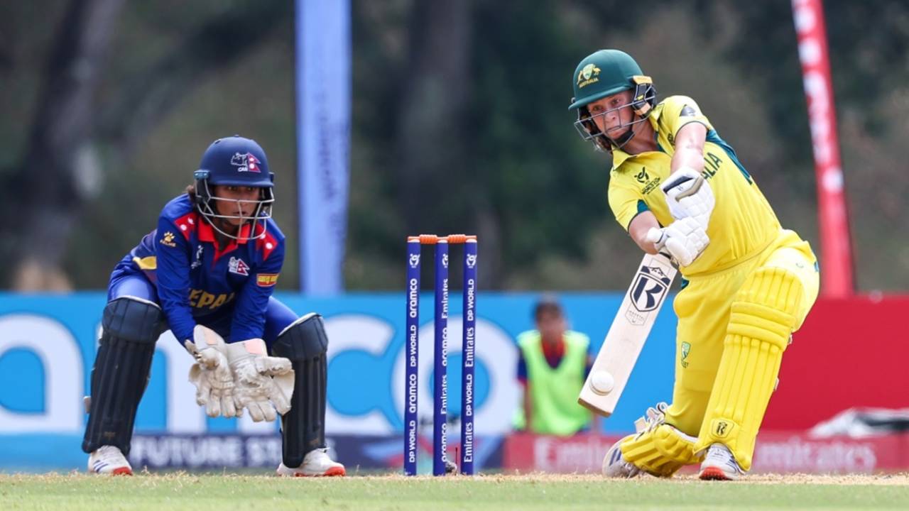 Caoimhe Bray hits over off in her 34-ball 45 as Nepal wicketkeeper Alisha Yadav looks on, Australia vs Nepal, Under-19 Women's T20 World Cup, Bangi, January 22, 2025
