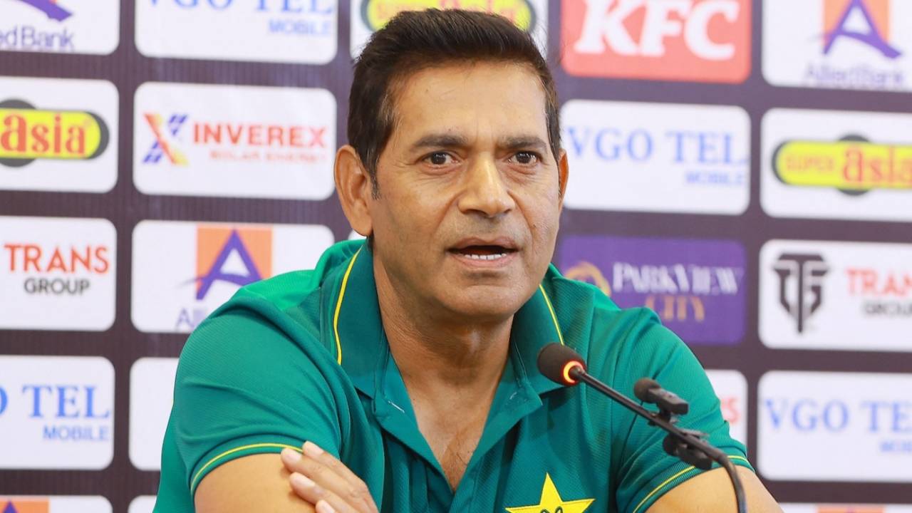 Pakistan head coach Aaqib Javed at a press conference in Multan on the eve of the second Test against West Indies, January 24, 2025