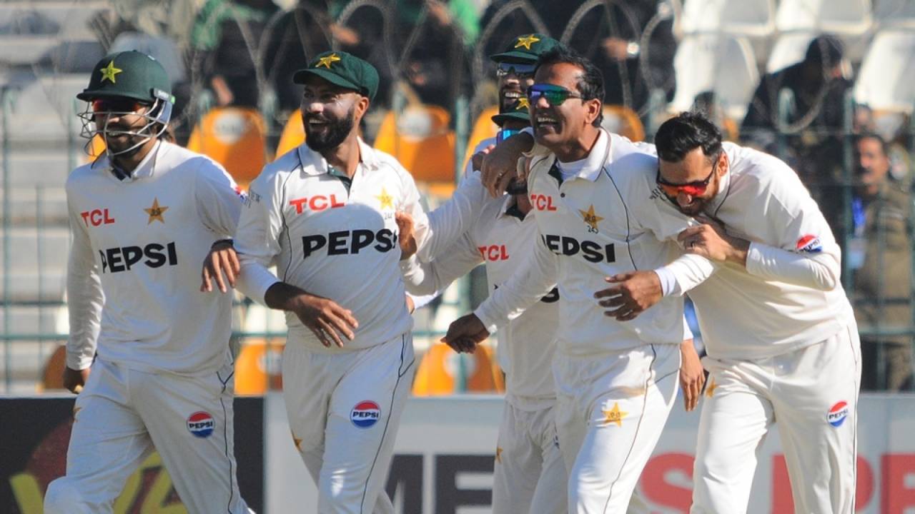 Noman Ali is all smiles after grabbing a hat-trick, Pakistan vs West Indies, 2nd Test, day one, Multan, January 25, 2025