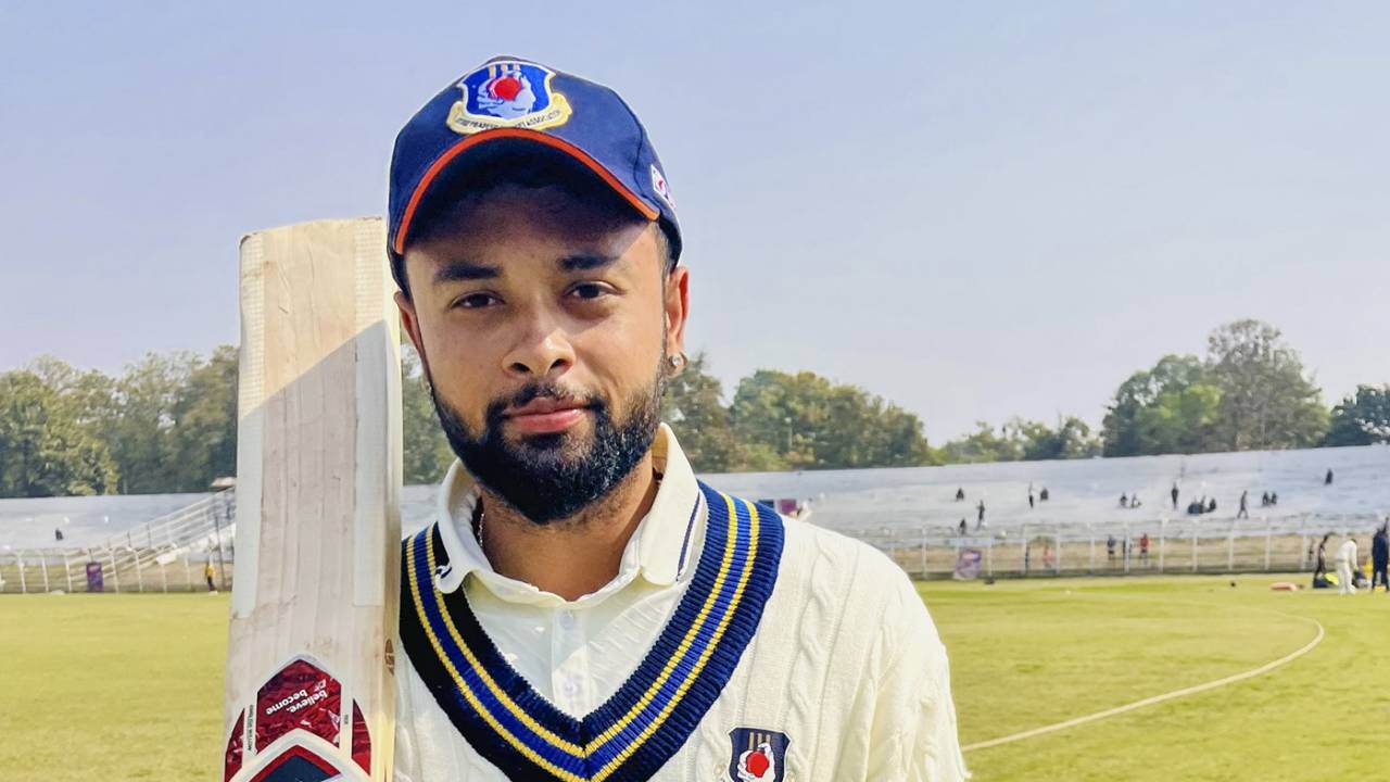 Karan Sharma poses after scoring 118 not out, Bihar vs Uttar Pradesh, Ranji Trophy, day 3, Patna, January 25, 2025