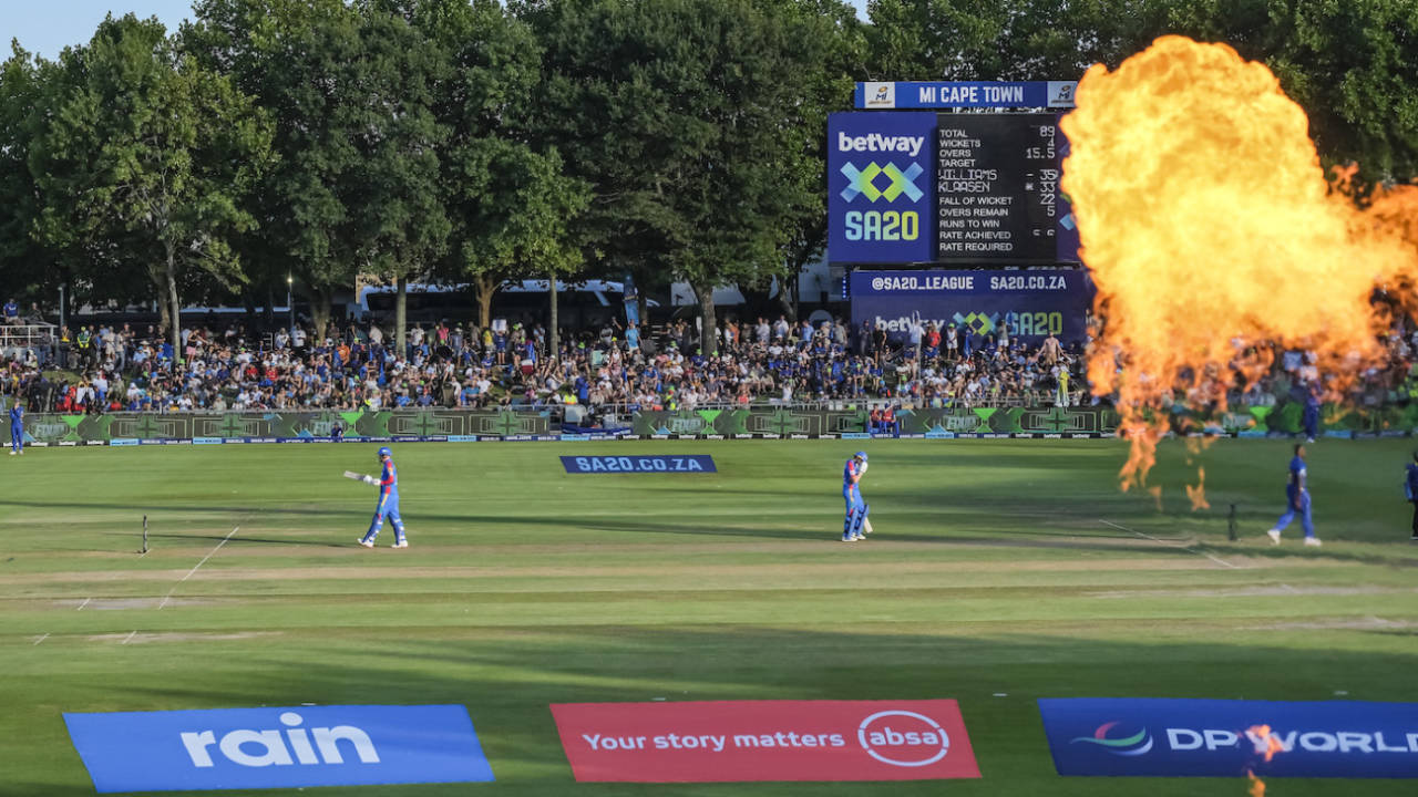 A fireball goes up during an SA20 game at Cape Town, Durban's Super Giants vs MI Cape Town, SA20, Cape Town, January 25, 2025