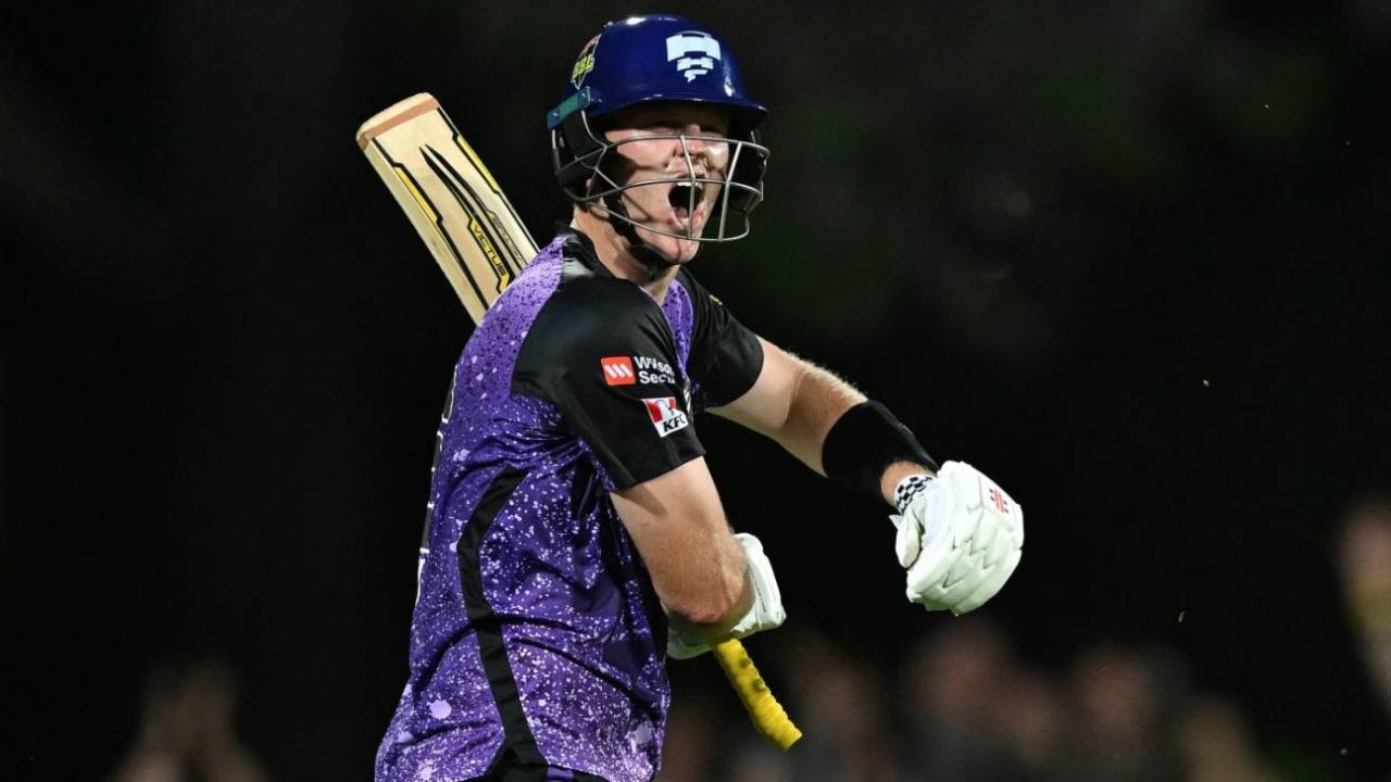 Mitchell Owen celebrates a stunning century, Hobart Hurricanes vs Sydney Thunder, BBL final, Hobart, January 27, 2025