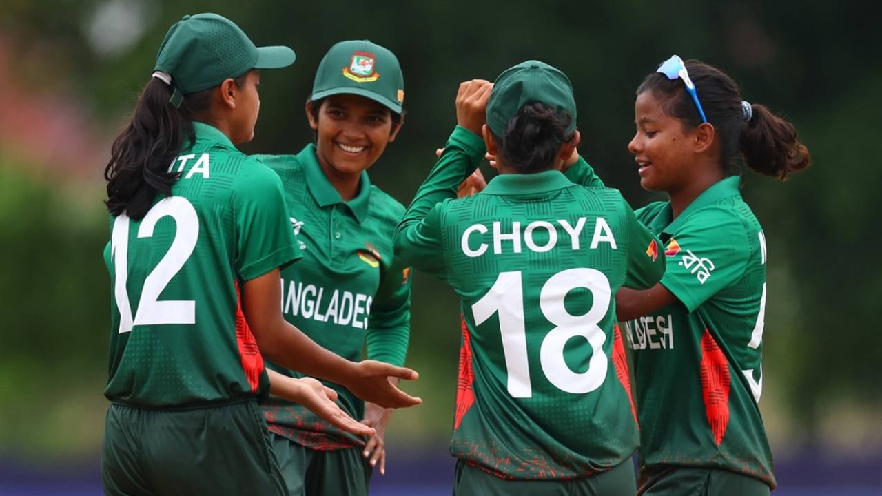 Nishita Akter Nishi of Bangladesh celebrates with teammates after bowling Jahzara Claxton of West Indies, Bangladesh women's U-19 vs West Indies women's U-19, Kuala Lumpur, January 28, 2025