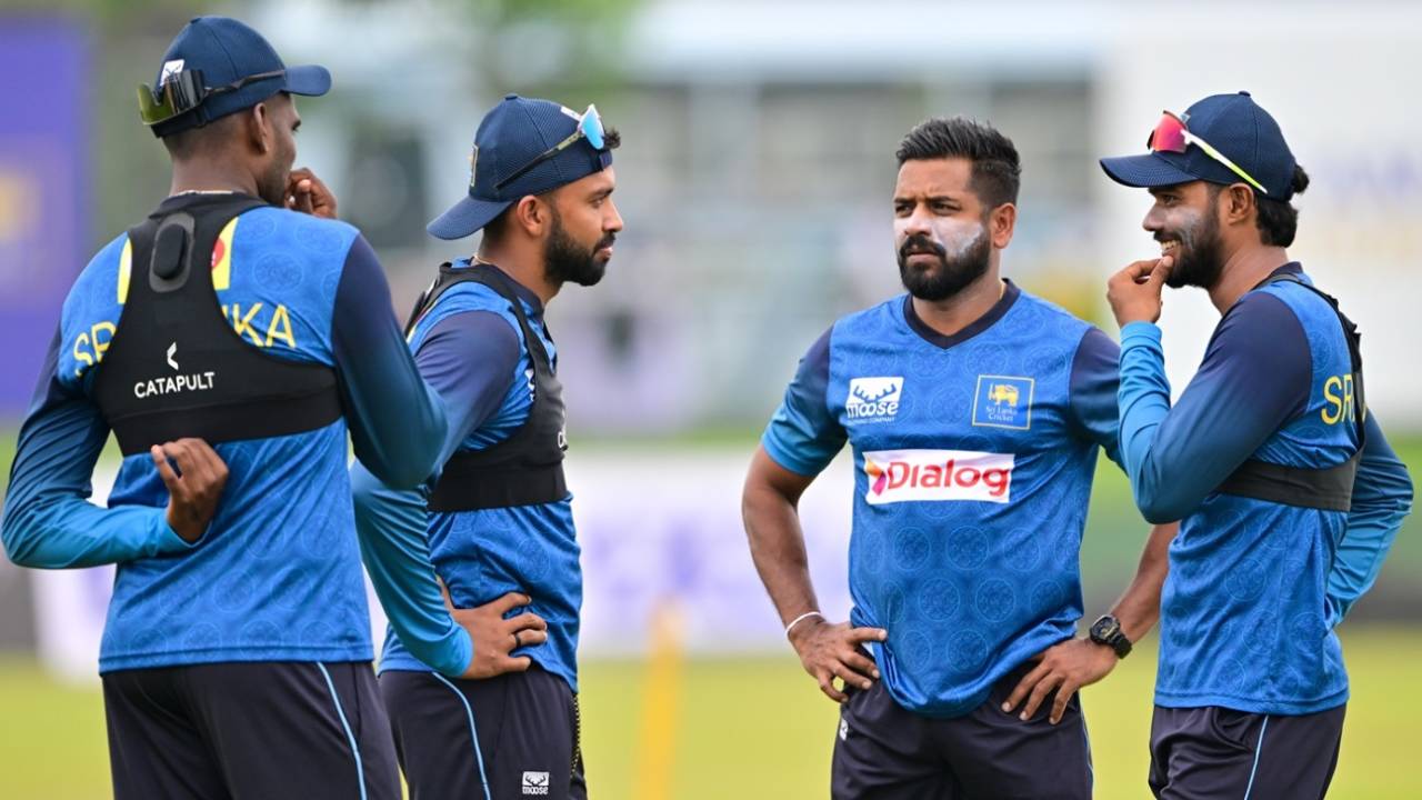 Sadeera Samarawickrama and Dhananjaya de Silva chat while Lahiru Udara looks on, Galle, January 27, 2025