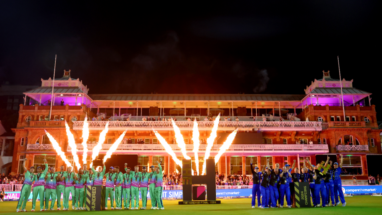 Oval Invincibles and London Spirit parade their trophies after the 2024 Hundred finals, Oval Invincibles vs Southern Brave, Men's Hundred final, Lord's, August 18, 2024