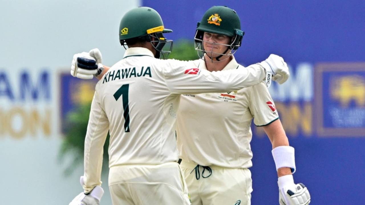Usman Khawaja congratulates Steven Smith on joining the 10,000-run club, Sri Lanka vs Australia, 1st Test, Galle, 1st day, January 29, 2025
