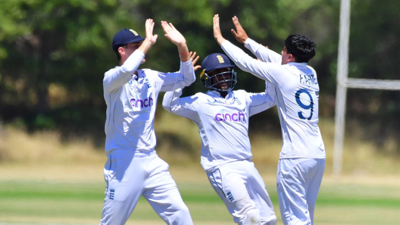 Farhan Ahmed completed an impressive allround display with five wickets, South Africa vs England, 1st Youth Test, Stellenbosch, January 29, 2025