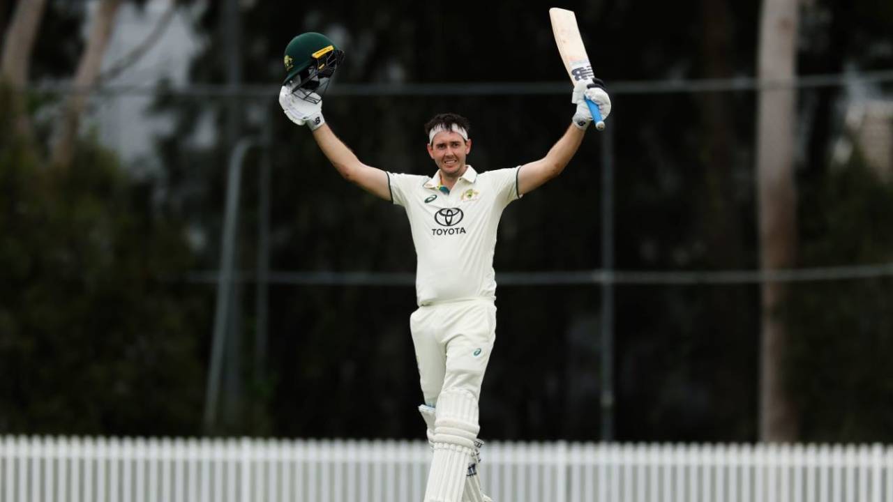 Kurtis Patterson celebrates his century, Australia A vs England Lions, Only unofficial Test, Sydney, January 30, 2025