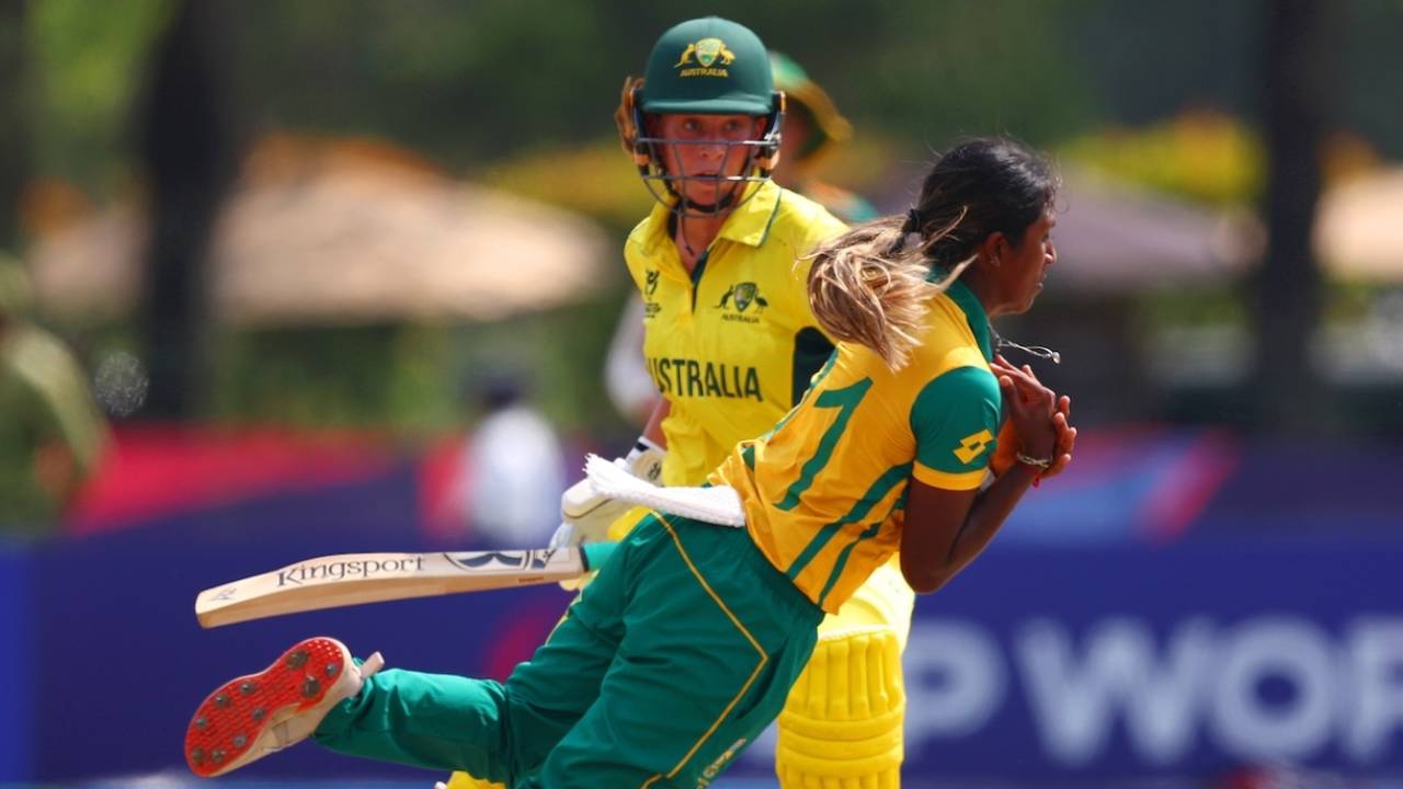 Seshnie Naidu takes a caught and bowled, Australia vs South Africa, Women's Under-19 T20 World Cup semi-final, Bayumeas Oval, Kuala Lumpur, January 31, 2025