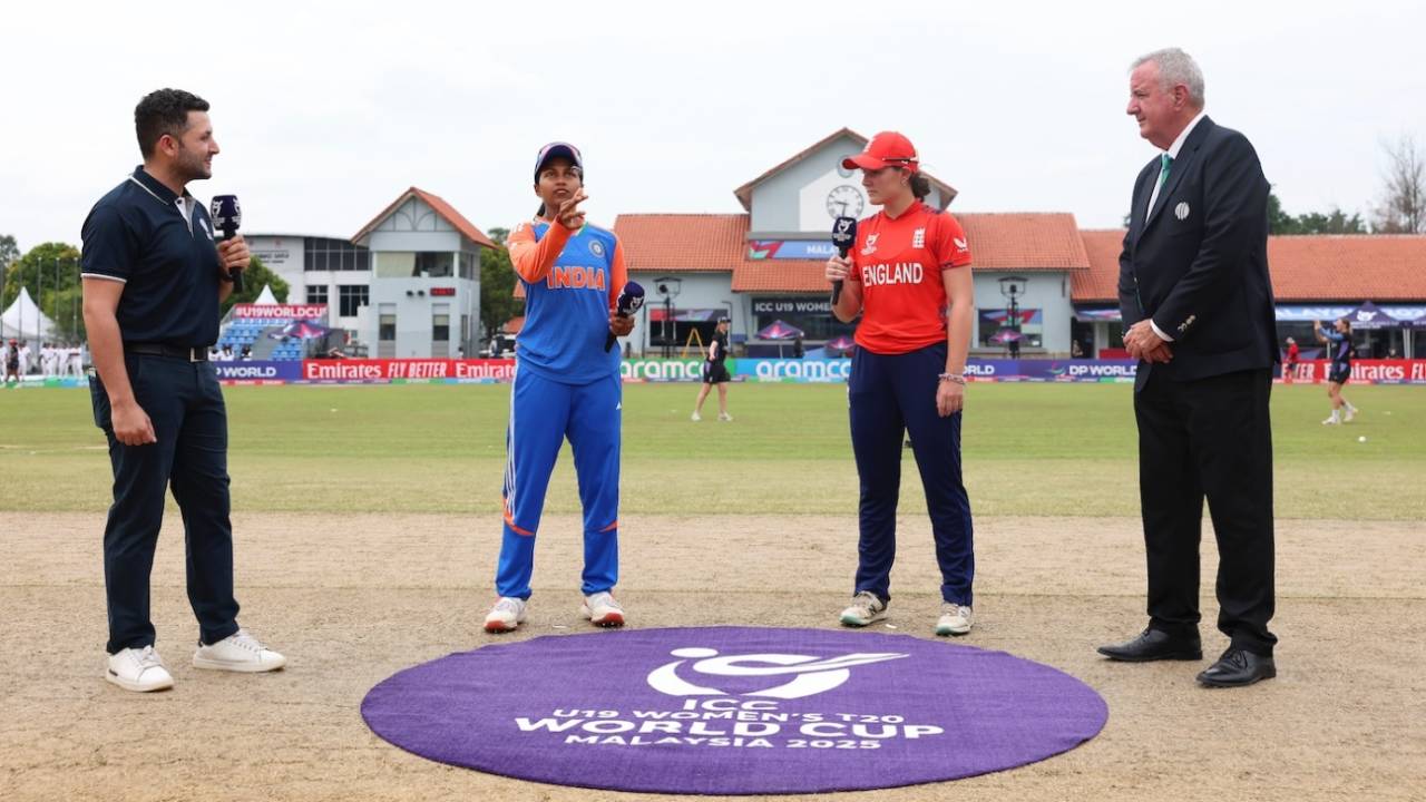 Niki Prasad and Abi Norgrove at the toss, England vs India, Women's Under-19 T20 World Cup semi-final, Bayumeas Oval, Kuala Lumpur, January 31, 2025