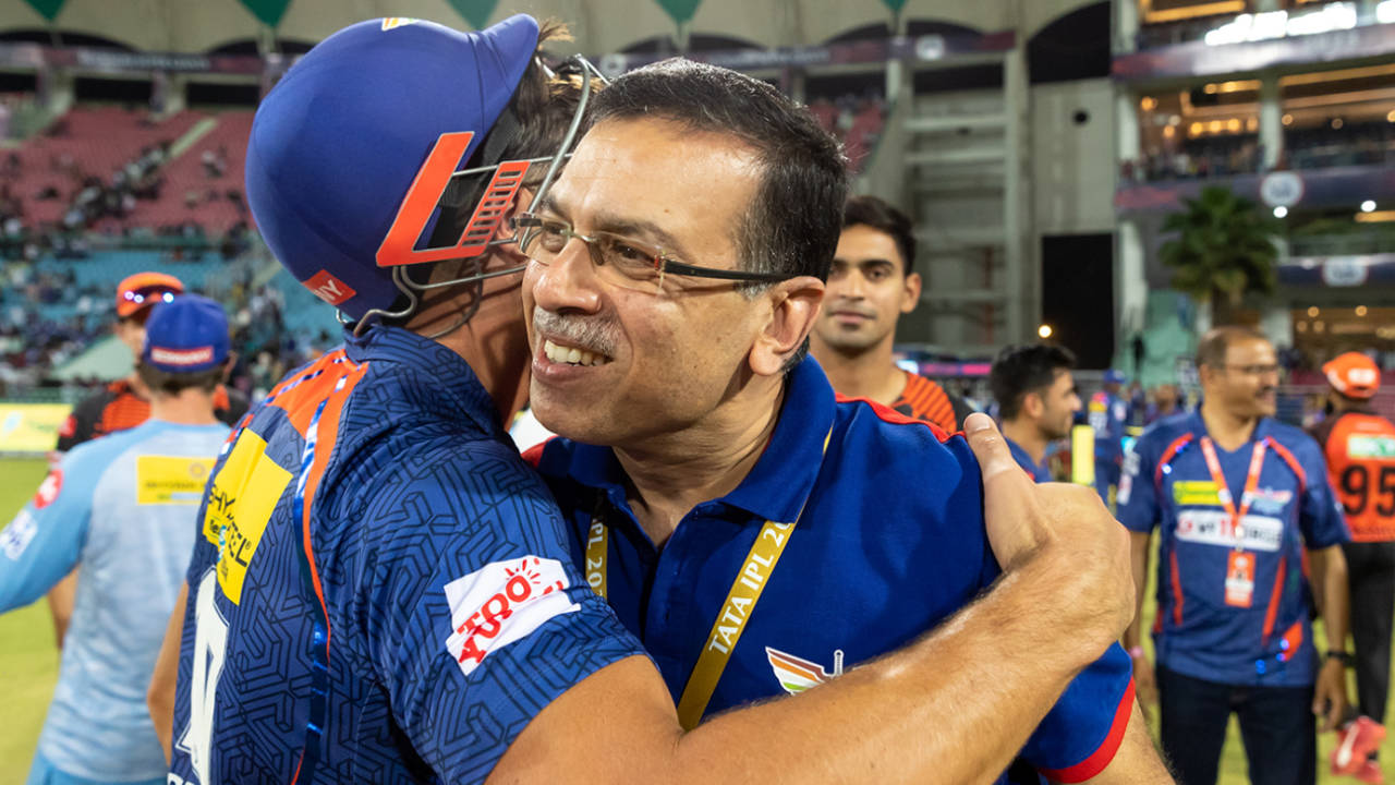 Marcus Stoinis celebrates with LSG owner Sanjiv Goenka, Lucknow Super Giants vs Sunrisers Hyderabad, IPL 2023, Lucknow, April 7, 2023