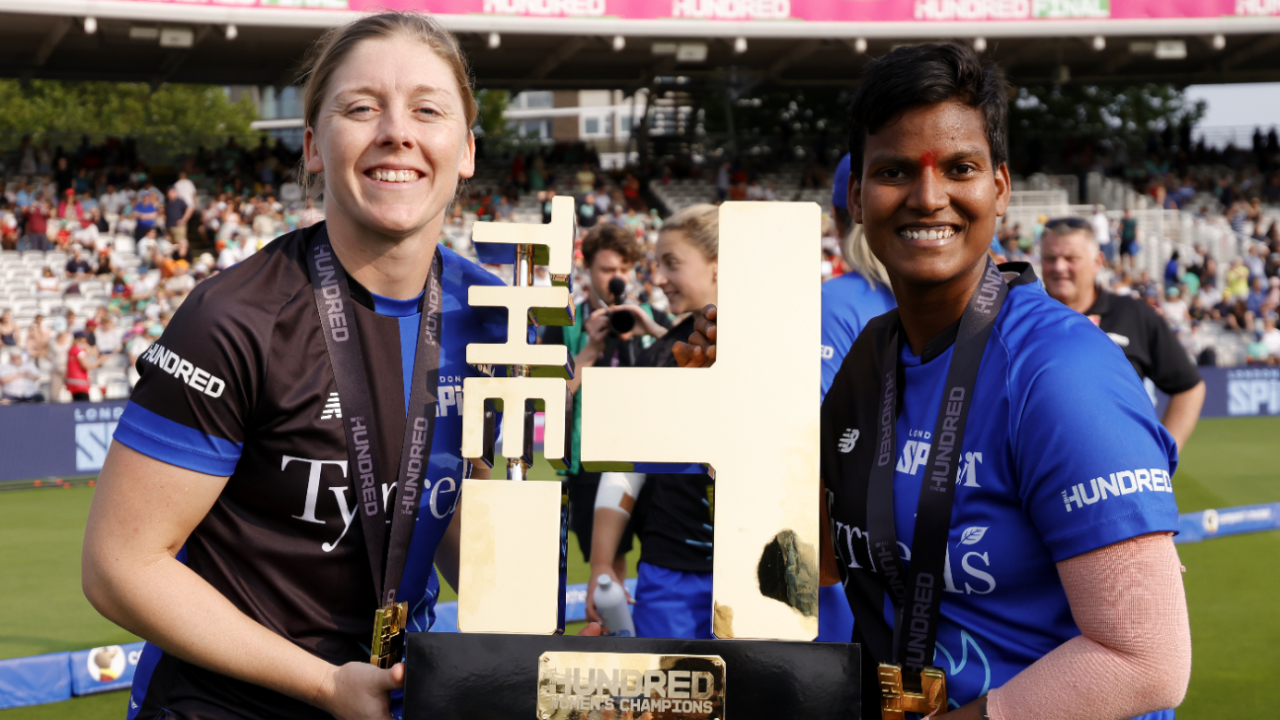 Heather Knight and Deepti Sharma with the Women's Hundred trophy, Welsh Fire vs London Spirit, Women's Hundred final, Lord's, August 18, 2024