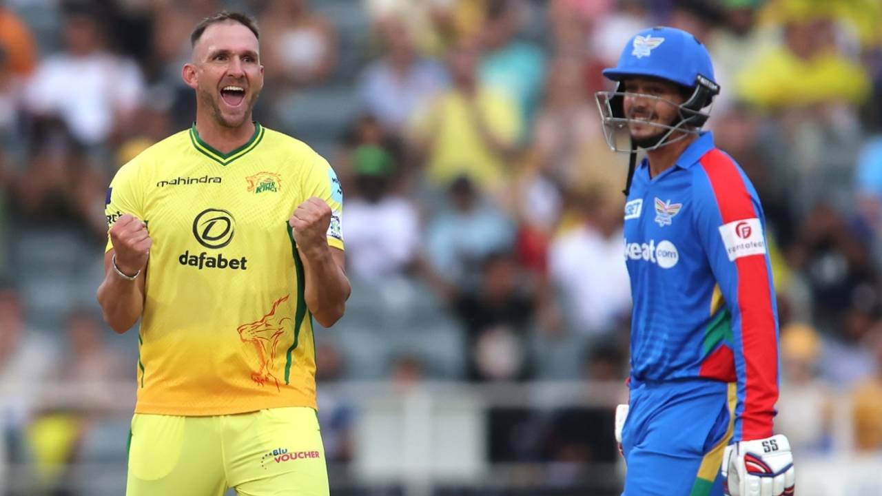 Hardus Viljoen celebrates the wicket of Quinton de Kock, Joburg Super Kings vs Durban's Super Giants, SA20 2025, Johannesburg, February 1, 2025