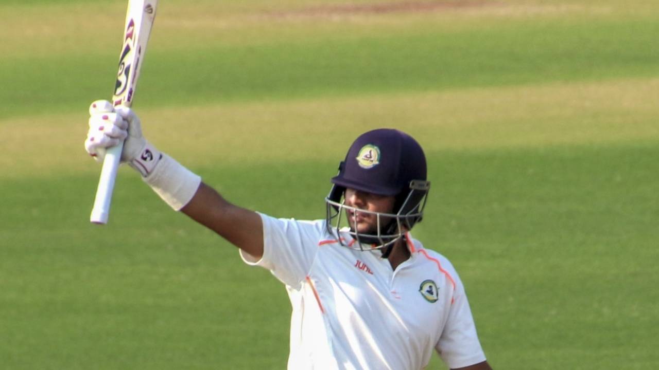 Harsh Dubey raises his bat after getting to a half-century, Vidarbha vs Hyderabad, Ranji Trophy 2024-25, Nagpur, 3rd day, February 1, 2025